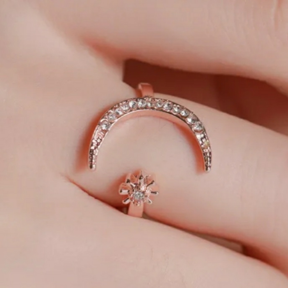 Rose Gold Moon Star Ring Rhinestones